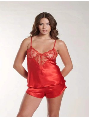 Letsii Dantel Detaylı Ince Askılı Saten Şortlu Takım Kırmızı Renk