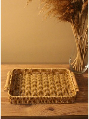 Paganca Hasır Rattan Sunum Tepsi Küçük Boy Organizer Bambu Kulplu Dikdörtgen