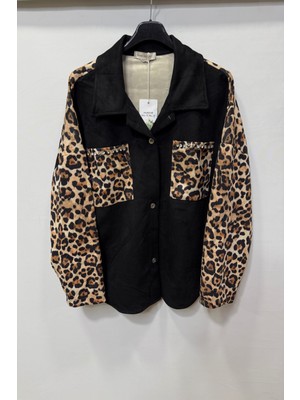 Della Moor Kadın Siyah Italyan Süet Gömlek Ceket Leopar Desenli Cebi Taşlı Oversize Geniş Kalıp