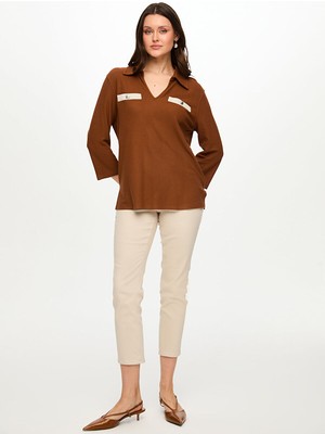 Faik Sönmez Kontrast Cep Detaylı 3/4 Kol Örme Bluz S26BLZ020