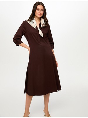 Faik Sönmez Fular Aksesuarlı 3/4 Kol Pamuk Poplin Elbise S26ELB029