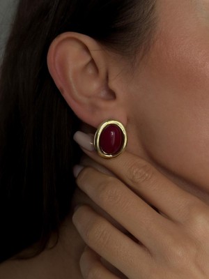 Luseda Gold Bordo Renk Oval Taş Detaylı Vintage Küpe