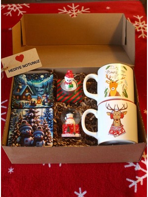 Paganca Hediye Seti Kutulu - 2 Adet Kupa ve 2 Adet Bardak Altlığı, Kar Küresi, Mum