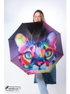 Normadia Renkli Kedi Desenli 8 Telli Manuel Rüzgar Dayanıklı Şemsiye