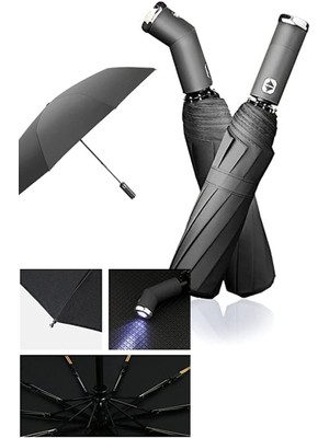 Normadia Büyük Siyah LED Işıklı El Fenerli Şemsiye, Zarif ve Pratik Kullanım