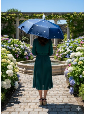 Normadia Lacivert 8 Telli Tam Otomatik Rüzgar Dayanıklı Yıldız Desenli Şemsiye