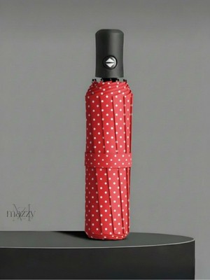 Normadia Rüzgara Dayanıklı Fiber Telli Kırmızı Puantiyeli Otomatik Şemsiye