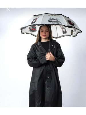 Normadia Şık Desenli Siyah Kadın Şemsiye, Istanbul Figürlü, Zarif ve Kullanışlı