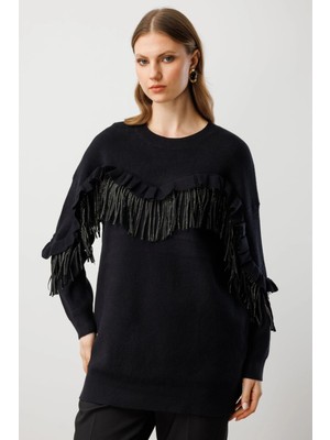 On Fashion Kadın Püsküllü Siyah Kazak 60321