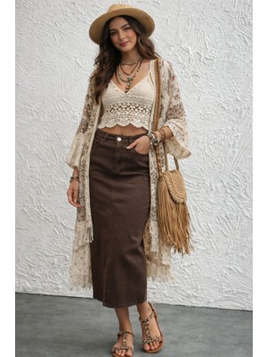 Dema Kadın Pamuklu Kahverengi Denim Etek