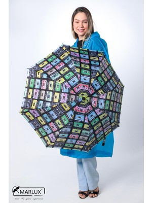 Normadia Nostalji Kaset Desenli 8 Telli Manuel Şemsiye Rüzgar Dayanıklı