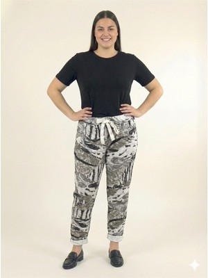 Della Moor Beyaz Italyan Kuş Tüyü Desenli Likralı Beli Lastikli Dar Paça Pantolon 40 - 48 Beden