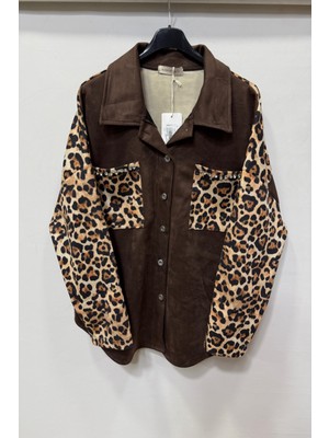 Della Moor Kadın Kahverengi Italyan Süet Gömlek Ceket Leopar Desenli Cebi Taşlı Oversize Geniş Kalıp