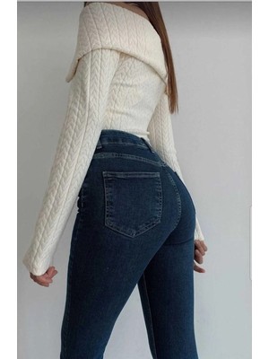 Ramrod Koyu Mavi Flora Ispanyol Paça Kot Pantolon Yüksek Bel Flare Jeans (Toparlayıcı)