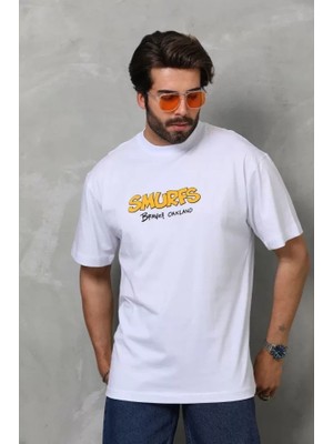 Veralya Unisex Bisiklet Yaka Baskılı Oversize Tshirt  Beyaz