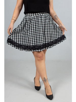 Truva Xxl Büyük Beden Pöti Kareli Dantel Detaylı Şifon Astarlı Etek