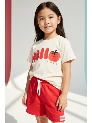 Monila Kız Çocuk Pamuklu Baskılı T-Shirt ve Kırmızı Şort 2'li Takım