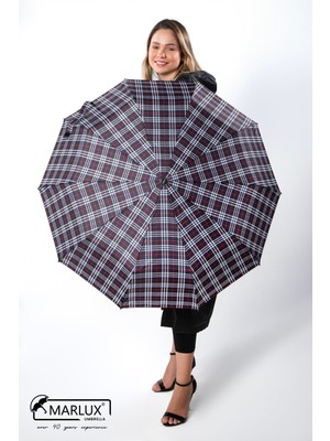 Normadia Lacivert Kırmızı Ekose Ahşap Saplı Tam Otomatik Kadın Şemsiye