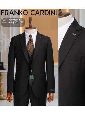 Fabio Cassel Slim Fit Siyah Düz Mono Yaka Çift Yırtmaçlı Astarlı Takım Elbise Yelekli