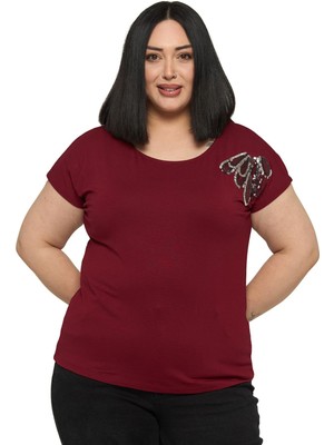 Disentis Modest Büyük Beden Düşük Kısa Kollu Omuzda Damla Desenli Bordo Bluz