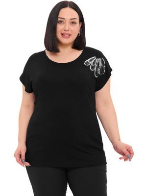 Disentis Modest Büyük Beden Düşük Kısa Kollu Omuzda Damla Desenli Siyah Bluz