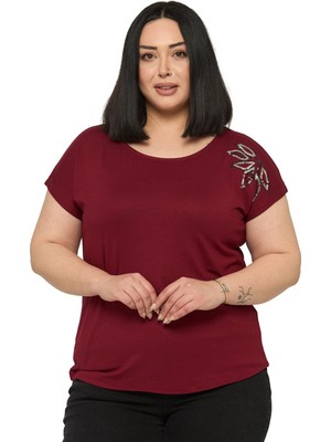 Disentis Modest Büyük Beden Düşük Kısa Kollu Omuzda Yaprak Desenli Bordo Bluz