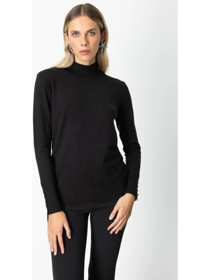 On Fashion Kadın Dik Yaka Basic Siyah Kazak 63514