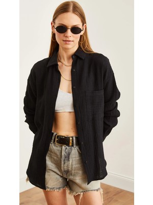 Thiff Gymwear Kadın Siyah Oversize Basic Cepli Müslin Gömlek