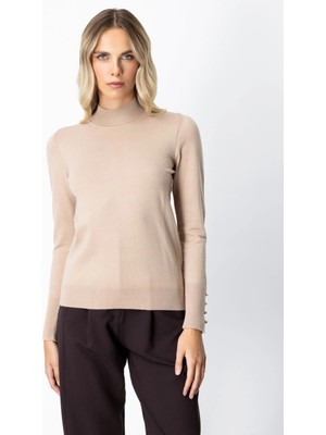 On Fashion Kadın Dik Yaka Basic Bej Kazak 63514