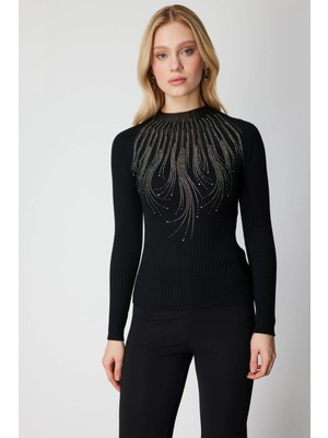 On Fashion Kadın Yarım Balıkçı Transparan Detaylı Siyah Kazak 60389