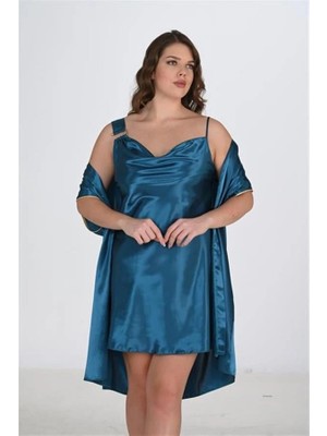 Letsii Büyük 2'li Saten Sabahlık Takımı Petrol Yeşili Renk