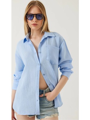 Thiff Gymwear Kadın Oversize Basic Cepli Müslin Gömlek