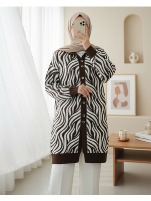 Modamorfo Düğmeli Zebra Desen Sakallı Triko Hırka -Kahve