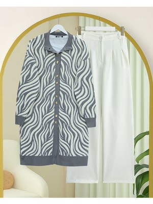 Modamorfo Düğmeli Zebra Desen Sakallı Triko Hırka -Gri