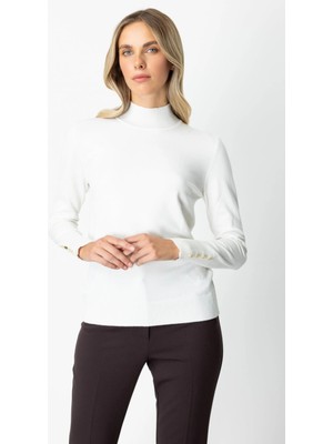 On Fashion Kadın Dik Yaka Basic Ekru Kazak 63514