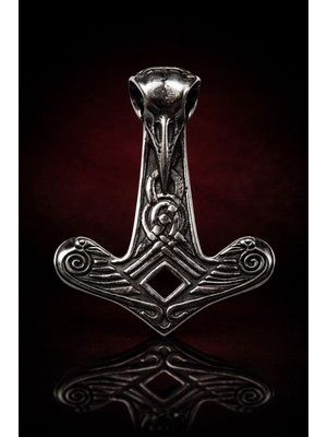 Maskülen Tasarım Viking Thor Çekiç Kolye  Raven Kuzgun Motifli Gotik Paslanmaz Çelik