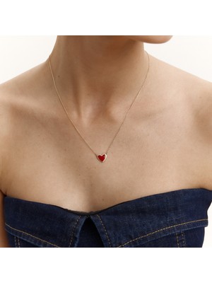 Aja Red Brave Kırmızı Mineli Kalp Figürlü Altın Kolye