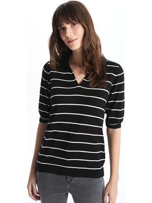 Lc Waikiki Yeni Sezon Polo Yaka Çizgili Kısa Kollu Kadın Triko Kazak