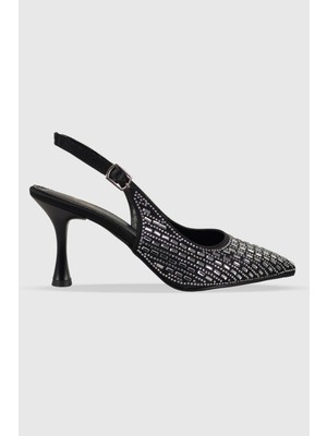 Almira Siyah Saten Gümüş Taş Detay Kadın Topuklu Ayakkabı