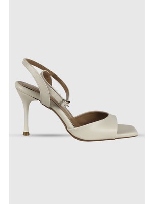 Magnolia Bej Mat Tek Bant Kare Burun Bilek Bağlı Kadın Topuklu Ayakkabı