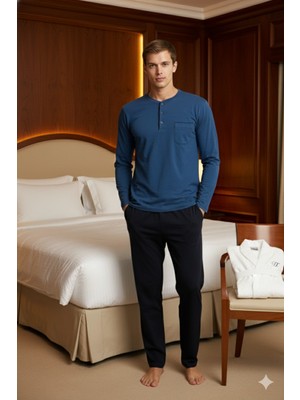 Kly %100 Pamuk Yeni Sezon Midi Yaka Erkek Şık Tasarım Pijama Takımı