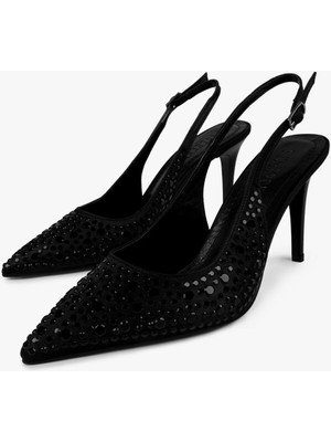 Shoeberry Kadın Siyah Saten Taşlı Stiletto Yüksek İnce Topuklu Suni Deri Ayakkabı
