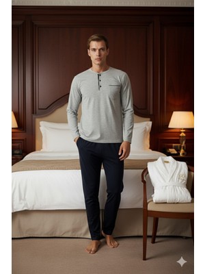 Kly %100 Pamuk Yeni Sezon Midi Yaka Erkek Şık Tasarım Pijama Takımı