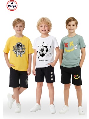 Fyk Kids 3'lü Yuvarlak Yaka Baskı Detaylı Erkek Çocuk 6 Parça Alt Üst Takım