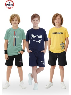 Fyk Kids 3'lü Yuvarlak Yaka Baskı Detaylı Erkek Çocuk 6 Parça Alt Üst Takım