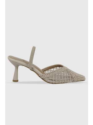 Daisy Bej Dantel Sivri Burun Arka Lastikli Kadın Topuklu Ayakkabı