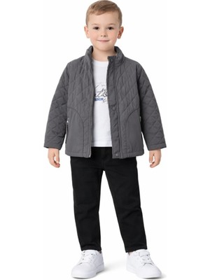 İrem Çocuk Giyim Erkek Çocuk Vintage Yazılı Kapitone Ceketli Pantolonlu Uzun Kol Badili Füme Renk Şık Üçlü Takım