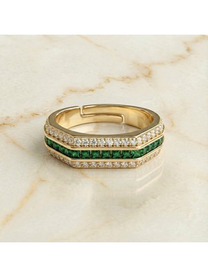 Zeino Yeşil Zirkon Sıra Ayarlanabilir Yüzük - 14K Altın Rengi Kaplama