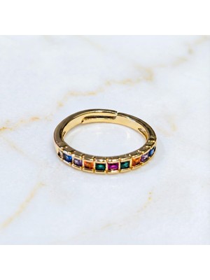 Zeino Renkli Sıra Taşlı Ayarlanabilir Yüzük - 14K Altın Rengi Kaplama