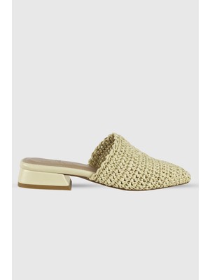 Elanor Bej Örgü Kadın Kısa Kalın Topuklu Terlik